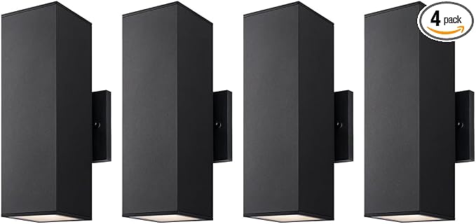 mirrea 12" Modern Outdoor Porch Light in 2 Lights, Matte Black, 4 Pack | Patio wall sconce, aluminum rectangular tube, tempered glass, waterproof. Up & down lighting for outdoor wall mount fixture.