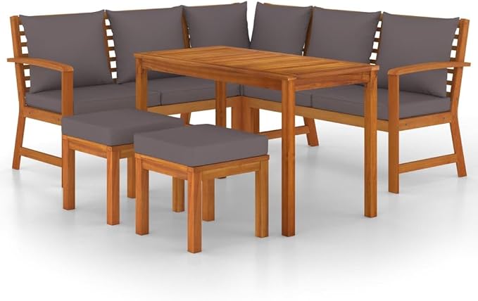 6 Piece Patio Dining Set with Cushions Solid Wood Acacia Outdoor Garden Furniture Table Benches Corner Sofa Footstools for Lawn Backyard Deck Entertaining