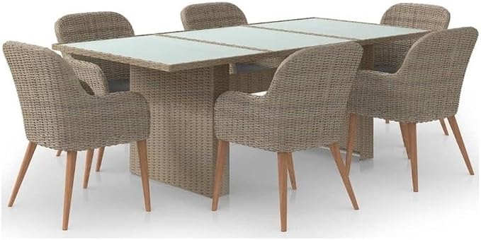 BOWERY HILL Contemporary Patio Dining Set, Weather-Resistant PE Rattan, Brown and Dark Gray Finish, 7-Piece Set with Cushions, Seats 6, 39.4 x 78.7 x 29.1 in., Outdoor Garden or Terrace Furniture