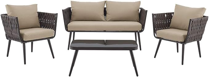 Barton 4 Piece Bistro Sofa Set w/Cushions Coffee Table Outdoor Patio Wicker Rattan Furniture Space Saving