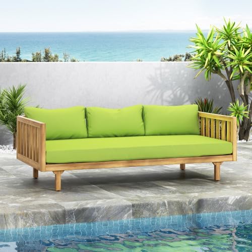 Christopher Knight Home Claremont Patio Sofa and Coffee Table Set, 2 Piece Outdoor Patio Furniture Set with Cushion, Acacia Wood 3 Seater Outdoor Sofa Daybed and Coffee Table Set, Teak+Light Green
