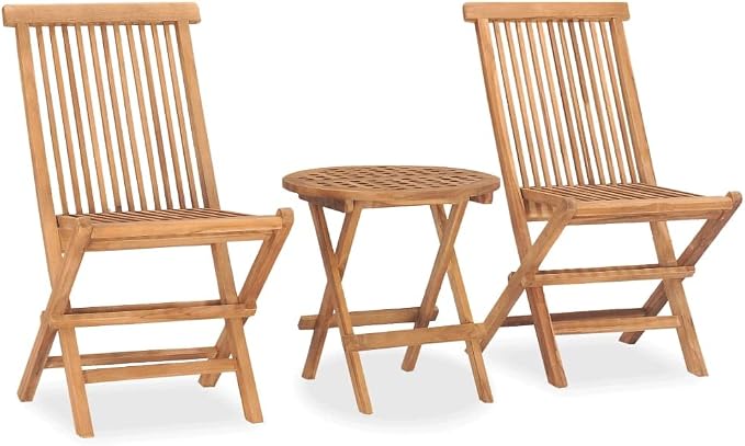 3 Piece Folding Patio Dining Set, Teak Wood Bistro Table and Chairs with Anthracite Cushions for Garden Balcony Deck