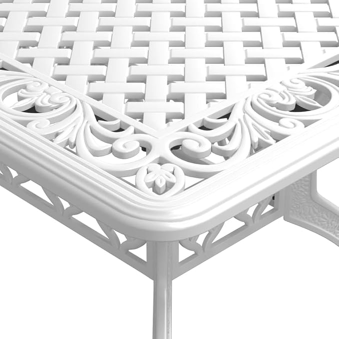 7 Piece Patio Dining Set, White Cast Aluminum Outdoor Table and 6 Chairs for Backyard, Garden and Lawn, 59-Inch Rectangular Dining Table with Umbrella Hole