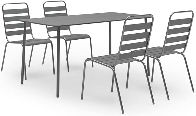 5 Piece Patio Dining Set Steel Dark Gray Outdoor Table and Chairs Weather-Resistant Stackable Seat for Garden Balcony Backyard Dining Room Contemporary Slatted Design
