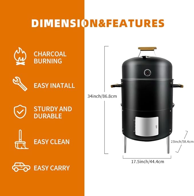 17-1/2" 3-IN-1 Smoke grill Built in termometer, Air Vent and Access Doors Multi-Layer Heavy duty Smoke BBQ with 3 wooden Handles heavy duty BBQ