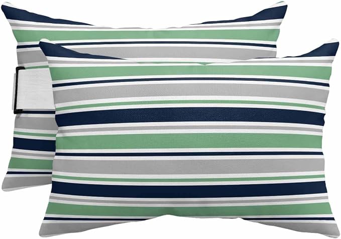 Pack of 2 Outdoor Lumbar Pillow Covers 12x20 Inch, Green Grey Striped Waterproof Throw Pillow Covers Set, Farmhouse Stripes Modern Abstract Art Outside Decorative Cushion Cases for Patio Porch Car