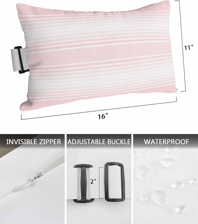 Pack of 2 Outdoor Lumbar Pillow Covers 11x16 Inch, Pink Striped Waterproof Throw Pillow Covers Set, Pink Ombre Farmhouse Stripes Indoor&Outdoor Decorative Cushion Cases for Patio Porch Car