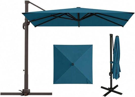 10'×10' Patio Umbrella, Aluminum Cantilever Umbrella with 360°Rotation, Offset Patio Umbrella with Easy Tilt Fade Resistance for Pool Deck Garden Backyard, Lagoon (Base not Included)