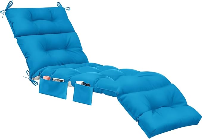 Kigley 2 Pcs Outdoor Chaise Lounge Cushions with 3 Side Pocket 74.5 x 22 x 4.7 Inch Patio Chaise Lounge Cushion, Water-Repellent and Fade-Resistant Tufted Summer Replacement(Blue)