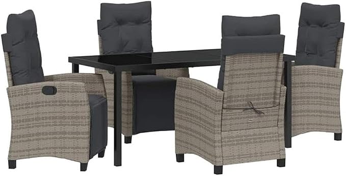 Afuera Living 5 Piece Poly Rattan Garden Dining Set, Gray Woven Texture, Steel Frame, Glass Top Table, Cushioned Chairs with Multi-Position Backrest, Modern Outdoor Furniture for Patio or Garden