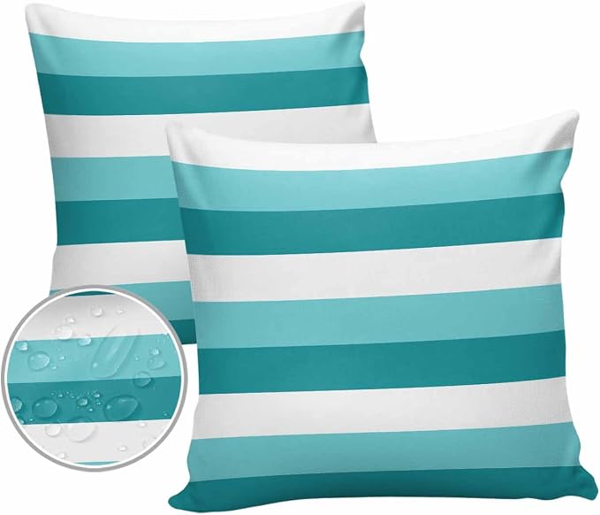Pack of 2 Turquoise Green Stripe Outdoor Pillow Waterproof Covers 24x24 inch, Modern Art Polyester Throw Pillow Covers Garden Cushion Decorative Case for Patio Couch Decoration