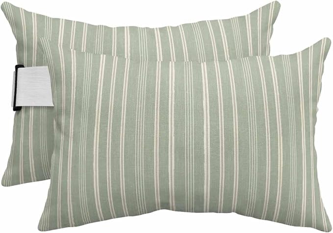 Pack of 2 Outdoor Lumbar Pillow Covers 11x16 Inch, Sage Green Striped Waterproof Throw Pillow Covers Set, Farmhouse Stripes Modern Vintage Indoor&Outdoor Decorative Cushion Cases for Patio Porch Car