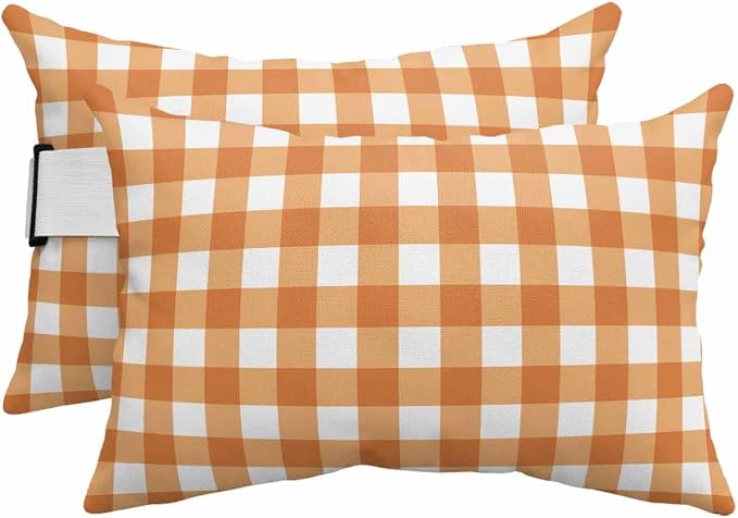 Pack of 4 Outdoor Lumbar Pillow Covers 12x20 Inch, Orange Plaid Waterproof Throw Pillow Covers Set, Gradient Geometric Buffalo White Checkered Indoor&Outdoor Cushion Cases for Patio Porch Beach