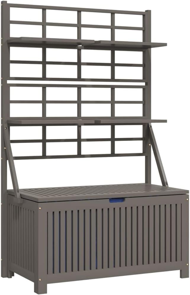 Solid Acacia Wood Patio Storage Box with Trellis, Gray Outdoor Tool Chest with Utility Shelves for Flower Pots and Climbing Plants