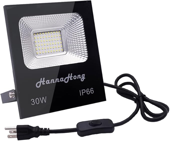 30W LED Flood Light Plug in with ON/Off Switch,Cool White,Bright Security/Work/Plant Grow Outdoor,IP66 Waterproof,Reflector Exteriore Spotlight Porch,Garage,Patio,Yard,Garden