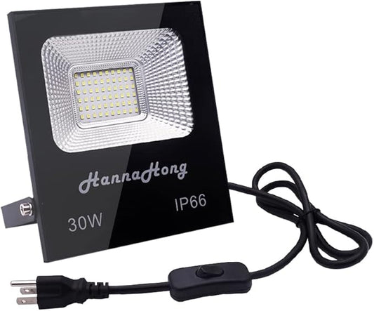 30W LED Flood Light Plug in with ON/Off Switch,Cool White,Bright Security/Work/Plant Grow Outdoor,IP66 Waterproof,Reflector Exteriore Spotlight Porch,Garage,Patio,Yard,Garden