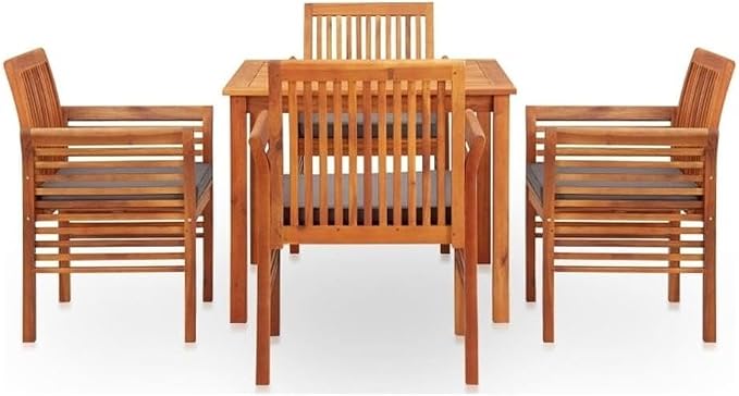 BOWERY HILL 5-Piece Acacia Wood Outdoor Dining Set, Brown Frame, Dark Gray Cushions, Weather-Resistant, Stackable Chairs, Oiled Finish, Patio, Garden or Terrace Furniture for Family Meals