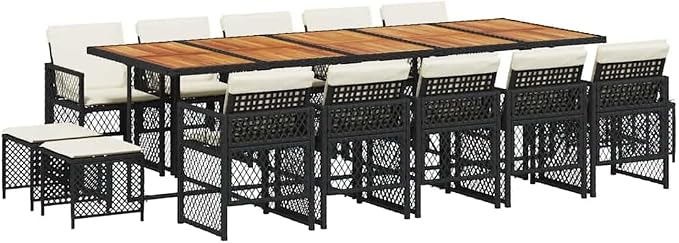 15-Piece Outdoor Dining Set, Poly Rattan and Acacia Wood Patio Table and Chairs for 14 People, Foldable Furniture for Garden, Backyard, Balcony, Black and Cream