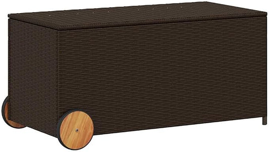 Brown PE Rattan Garden Storage Box with Wheels, 50 Gallon Modern Outdoor Cushion Organizer for Patio Balcony