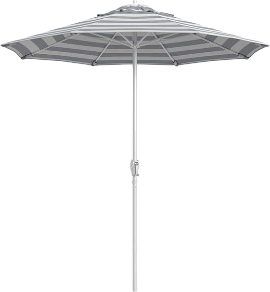 California Umbrella 8-Year Protection 7.5 Ft Outdoor Patio Umbrella, Solstice Fade-Resistant Fabric, Auto-Tilt, Heavy Duty Aluminum Frame, 8 Reinforced Ribs for Pool or Deck, White Pole, Gray White Cabana Stripe