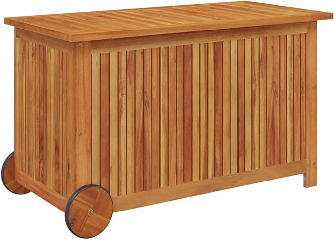 Outdoor Storage Box with Wheels, Wooden Patio Deck Box, Outdoor Cushion Storage Container Bin Chest for Patio Cushions, Outdoor Gardening Tools, 35.4"x19.7"x22.8" Solid Wood Acacia