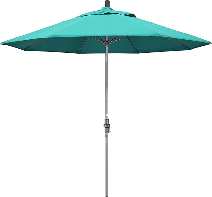 California Umbrella 9' Rd. Crank Lift, Collar Tilt, Aluminum Pole, Fiberglass Rib Patio Umbrella, Hammertone Grey Finish, Sunbrella Aruba