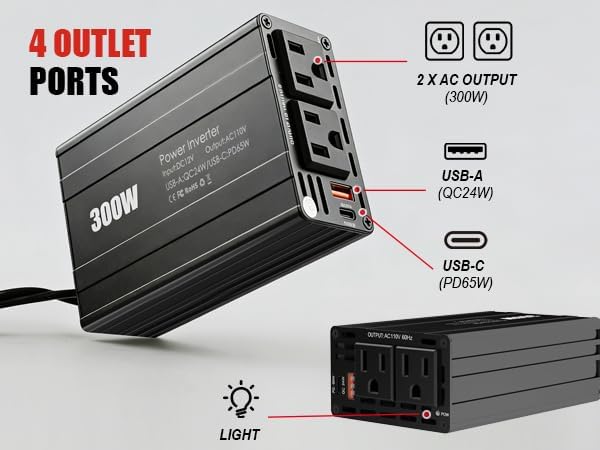 300W Power Inverter – Car Converter DC 12V to AC 110V with PD 65W USB-C & QC 24W USB Ports – Portable Vehicle Charger Adapter for Laptop, Tablet, Phone – Road Trip Essential