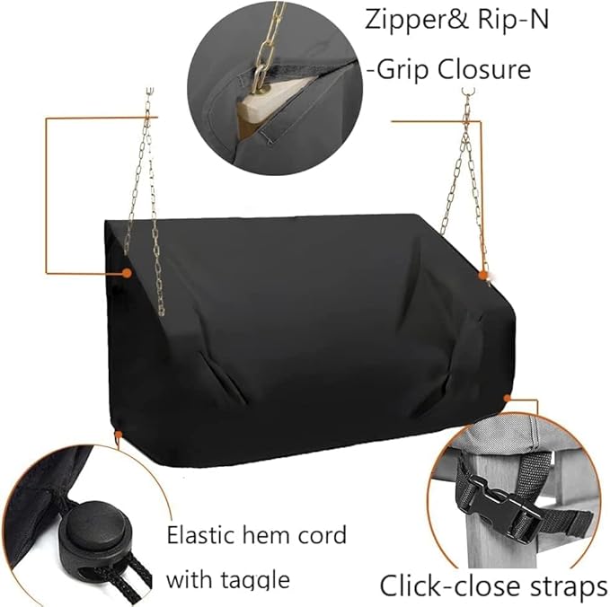 Porch Swing Cover 86Inch Waterproof 600D Oxford Hanging Outdoor Swing Cover Garden Hammock Patio Furniture Covers (Black, 86x45x(32-24) Inch)