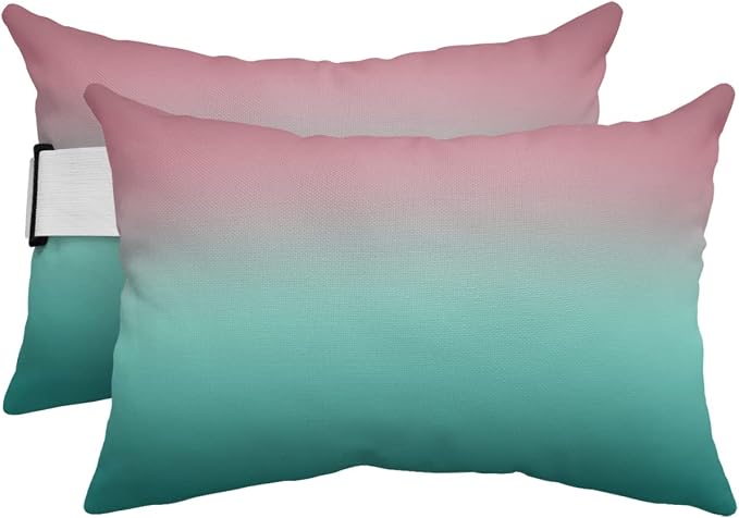 Outdoor Pillows Covers with Inserts Green and Pink Gradient Waterproof Recliner Pillow with Adjustable Strap Throw Pillows for Patio Furniture Pool Lounge Chair, 11x16 inch, 2PCS