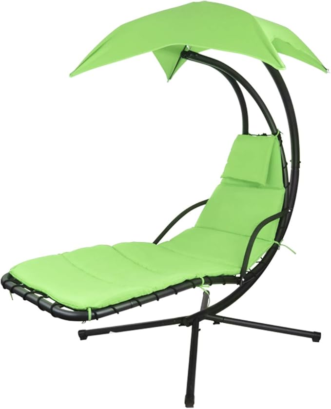 Patio Hanging Chaise Outdoor Lounger Padded Cushion Swing Hammock Chair w/Sun Shade Canopy Umbrella Stand [Green]