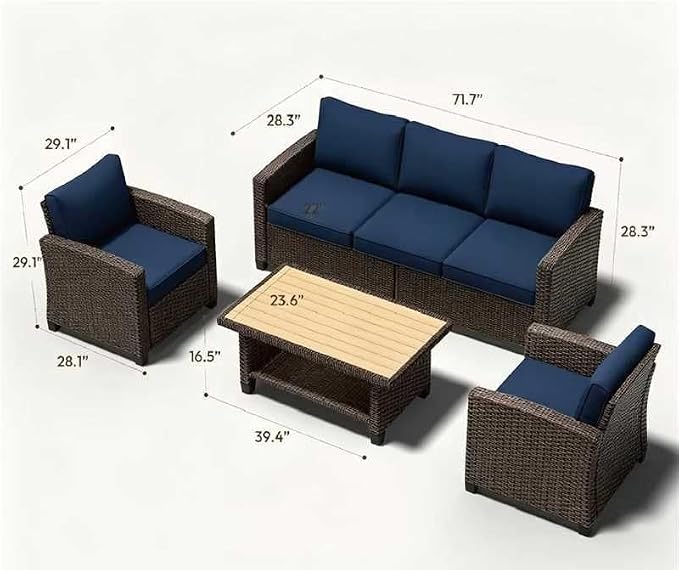 4 Piece Outdoor Patio Furniture Set Brown Rattan Sofa Seating All-Weather PE Wicker Conversation Set with Cushions and Coffee Table for Garden