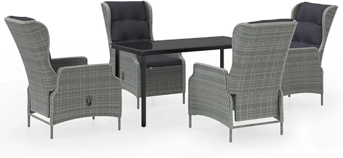 5 Piece Patio Dining Set Light Gray with Reclining Rattan Chairs and Cushions Outdoor Table and 4 Chairs for Garden Backyard Poolside Relaxation