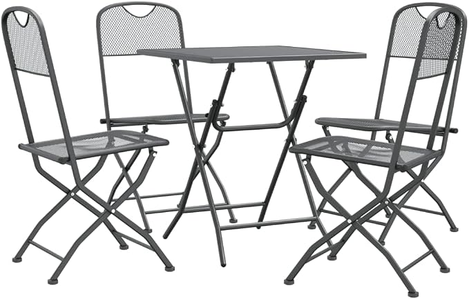 5 Piece Patio Dining Set Expanded Metal Mesh Anthracite Outdoor Table and Chairs Foldable Space Saving Weather Resistant E-Coating Finish for Garden Backyard Poolside