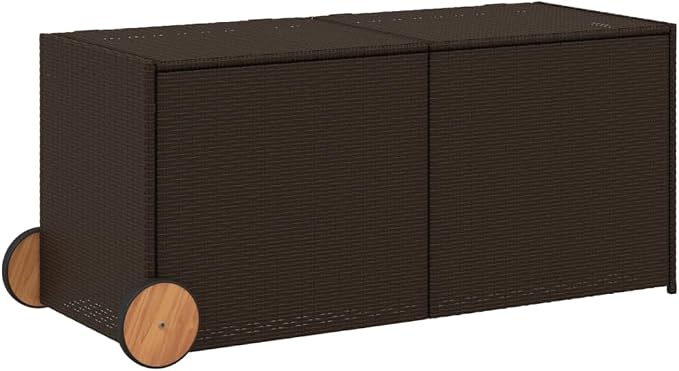 Outdoor Storage Box with Wheels 74.8 Gal Brown PE Rattan Waterproof Garden Furniture for Patio Cushions Blankets Pillows Durable Steel Frame Gas Spring Lid Easy Move Wheels Handle