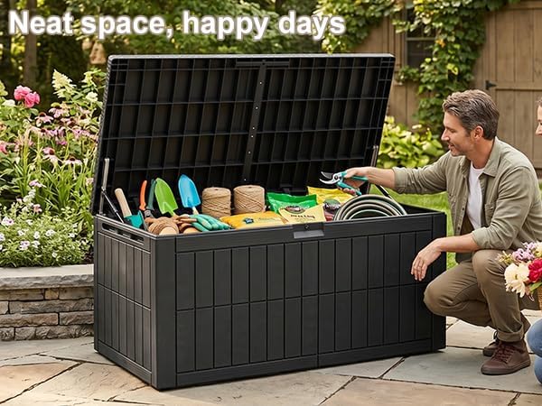 100 Gallon Outdoor Storage Box, Water proof Resins Deck Box with Lockable Lid, U V Resistants for Patio Furniture Garden Tools Pool Supplies 160x77x68cm / 63.0x30.3x26.8in