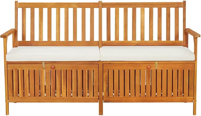 Patio Storage Bench with Cream White Cushion, Outdoor Wooden Deck Box, Solid Wood Patio Furniture for Outdoor Cushions, Pool Storage and Garden Tools, 66.9"x24.8"x33.1", -334
