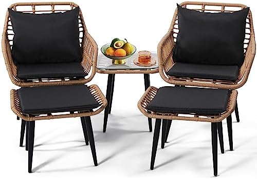 5-Piece Wicker Patio Furniture Set - 2 Chairs, 2 Ottomans & Side Table - Stylish, Durable Outdoor Seating for Porch, Balcony, Deck & Backyard - Natural Finish