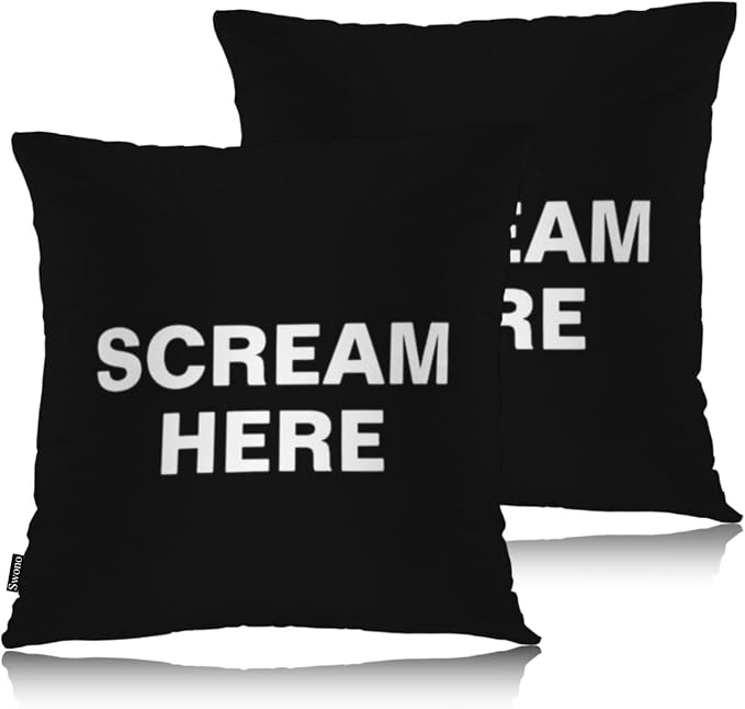 Swono Scream Here Pack of 2 Throw Pillow Cases, Funny Words Cozy Pillow Cover Square 18"X18" Cushion Case Set Pillowcase Decorative for Home Sofa Bedroom Car Office, Black White