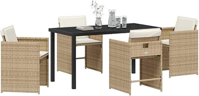 Afuera Living 5-Piece Poly Rattan Patio Dining Set with Cushions, Beige Finish, Powder-Coated Steel Frame, UV Resistant, Tempered Glass Tabletop, Weatherproof Seating, Outdoor Garden Furniture