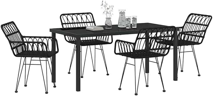 Afuera Living 5 Piece Poly Rattan Garden Dining Set, Black Powder-Coated Finish, UV-Resistant, Rectangular Design, Steel Frame, Weather-Ready Outdoor Patio Furniture for Gatherings or Everyday Use