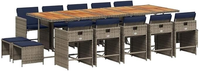 Afuera Living 14-Piece Poly Rattan Patio Dining Set, Gray Finish, Acacia Wood Table, UV-Resistant Cushions, Powder-Coated Steel Frame, Spacious Seating for 14, Modern Outdoor Garden or Terrace