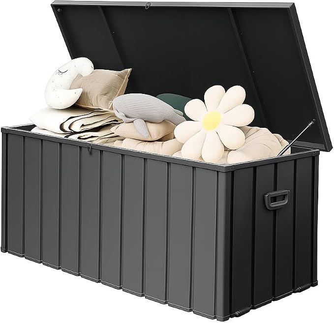 190 Gallon Metal Deck Box, Waterproof Steel Outdoor Box, Large Patio Furniture Storage Cabinet, Lockable Storage Bench for Porch Package Delivery, Pillows, Cushions, Pool, Tools, Backyard, Grey