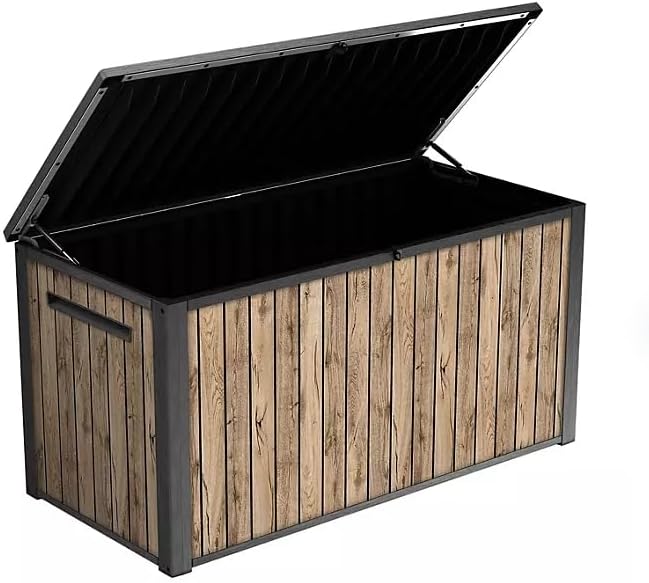 Stylish Indoor/Outdoor Storage Deck Box,Resin,Large Capacity, Weather-Resistant, Lockable lid and Side handles. (Rust Wood Brown, 170 Gallon)