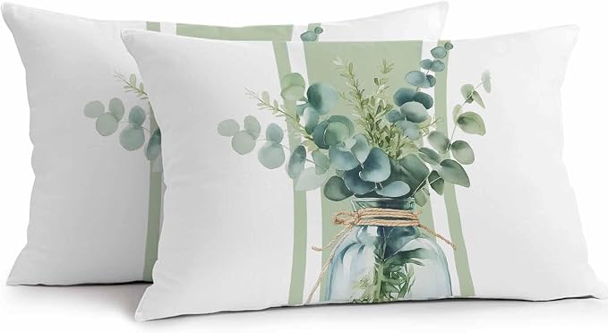 Sage Green Eucalyptus Leaves Outdoor Pillow Covers 20x12 Inch Lumbar Pillow Covers Set of 2 Waterproof Decorative Throw Pillow Cases Farmhouse Stripe Botanical Cushion Covers for Patio Furniture