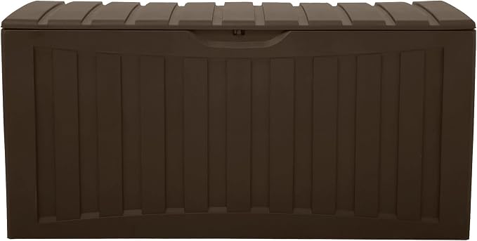 Ram Quality Products Plastic 90 Gallon Outdoor Lockable Backyard Storage Bin Deck Box for Cushions, Pool Accessories, and Towels, Brown
