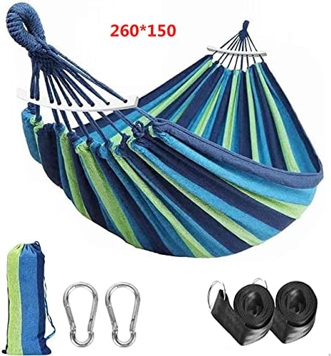 Outdoor Hammock Portable Garden Hammock Sports Home Travel Camping Swing Canvas Stripe Hang Bed Hammock Double Single People (260x150 Blue Set)
