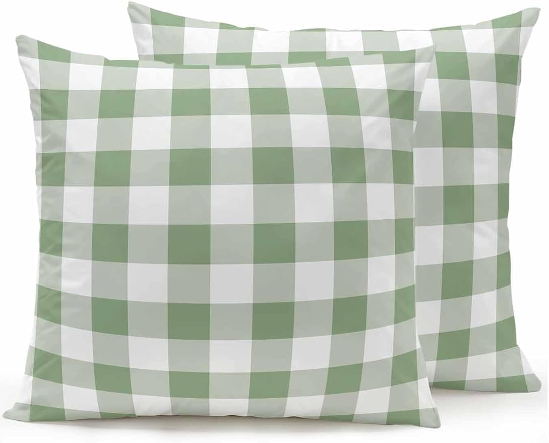 Waterproof Outdoor Pillow Set of 2 Green Buffalo Plaid Decorative Throw Pillows Cover & Insert 16x16 Inch Pillowcase Check Lines Square Pillows for Couch Sofa Bed Patio Furniture Indoor Outdoor