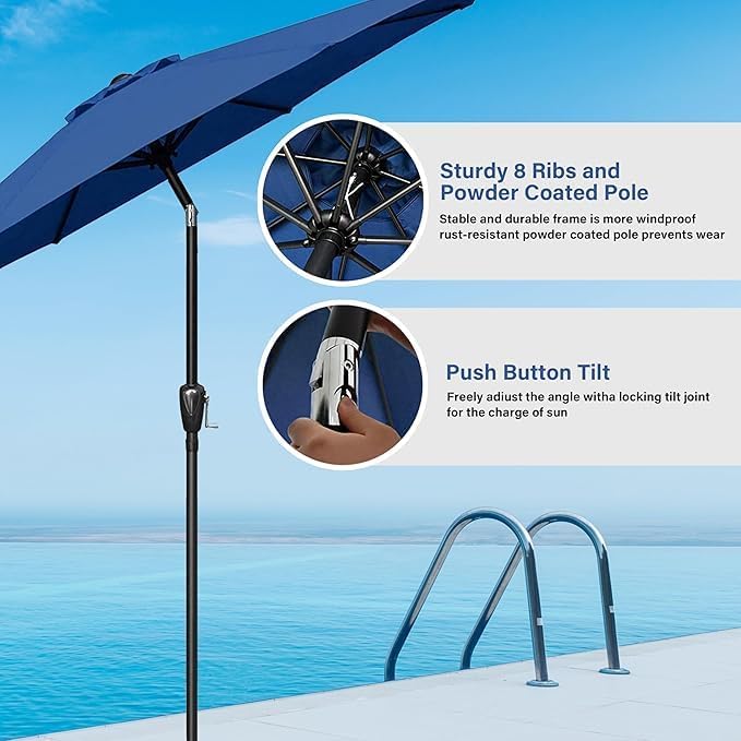 HealSmart 9FT Outdoor Patio Umbrella UV-Protection Table Umbrella with Push Button 8 Ribs Tilt/Crank Waterproof Market Umbrella for Garden, Backyard, Pool, Deck, Blue