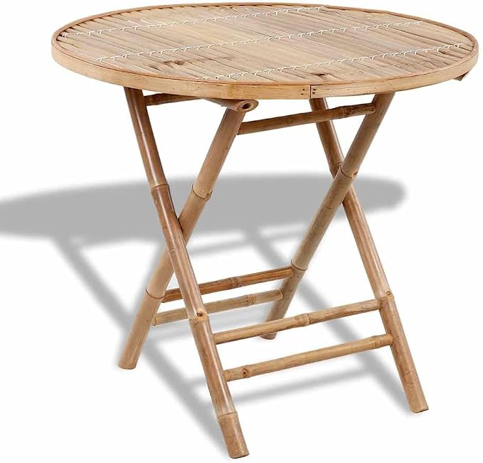 5-Piece Folding Bamboo Patio Dining Set, 31.5" Round Table | Includes four matching chairs that fold flat for easy storage, designed for backyard, balcony, or poolside dining.