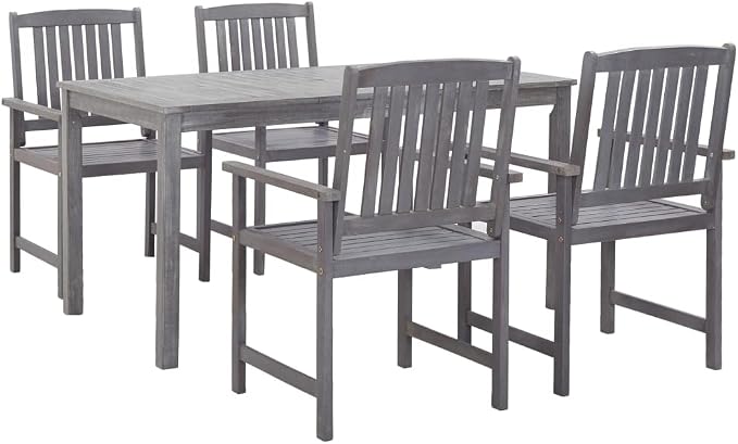 5 Piece Patio Dining Set Gray Solid Acacia Wood Outdoor Table and Chair Set for Garden Backyard and Deck Includes 55 Inch Rectangular Dining Table with Parasol Hole and 4 Chairs